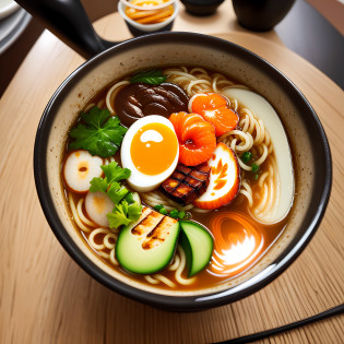 Delicious ramen bowl?Rich textures?Ultra photo realsisim?High-quality shooting using the Nikon D850?Warm light style RAW picture in the middle is a bowl of soup?The theme is kitchen food?cinematography?A bowl of noodles surrounded by toppings?And arrange evenly? --auto
