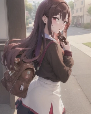 A beautiful girl and chocolate brown hair that fades to red heading to school by waiting for the school bus. The painting is anime, professionally color graded, 8k HDR, vivid, bright, anime faces, hyper resolution, depth of field, and created by Artgerm, Greg Rutowski, and Alphonse Mucha with volumetric lighting. The painting has very bright colors and uses anime faces that are not distorted. The camera is a from above view.