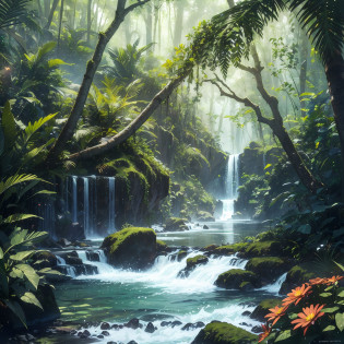 res, ultra detailed, (no human:1.3), BREAK , Create an image using a dark rainbow prism effect, with light refracting and creating ethereal cinematic appearance. BREAK , Design an image with a cinematic lens , capturing a wide field of view with a distinctive, curved perspective. BREAK , Capture a wide river,dense rainforest , with aged thick trees, rocks, waterfall,trees with colorful flowers,dappled sunlight, and a sense of tranquility and natural beauty. BREAK , Illustrate a rainforest world, using only godray shades of nature to convey depth, emotion, and a striking visual impact --auto --s2