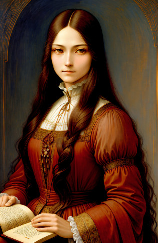 realistic painting, Moebius, Leonardo da Vinci, woman with book, long hair, ultra-realistic, 4k, soft lighting, Victorian era, detailed face, oriental woman, striking eyes, striking eyebrows,