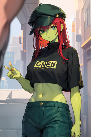 Girl with green skin?Wearing cropped pants?redheadwear?