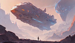 Drawing of a man standing on a rock and a spaceship flying over a rocky ground, inspired by sparth, Epic spaceship scene, sparth style, Spacecraft flies far, Star Citizen Digital Art, sci - fi illustrations, sci-fi illustration, detailed sci-fi art, In the sky spaceship, Spaceship in cloudy sky