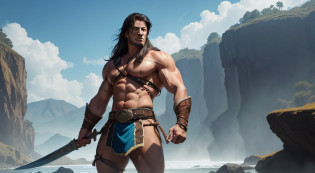 Conan, The legendary barbarian, He has an imposing and muscular physique. He's tall and athletic, with strong arms and broad pectoral. Their hair is long and black, e sua barba espessa e bem cuidada acrescentam uma aura selvagem ao seu olhar penetrante. His eyes are an intense blue, Conveying courage and determination.

[2] As for clothes, Conan wears a sturdy leather tunic, that leaves your chest and arms on display, Underscoring His Strength and Masculinity. He wears leather pants, Sturdy boots and belts adorned with tribal symbols. Ademais, ele carrega uma capa de pele de lobo nas costas, which protects you from the cold and also contributes to your fierce gaze.

The scenery is a wild and primitive landscape, com montanhas imponentes ao fundo, and ancient trees stretching to the horizon. The sky is intense blue, sem nuvens, giving a sense of vastness and freedom. The environment is full of lush nature and hidden dangers, como se a qualquer momento uma fera selvagem pudesse surgir.

[4] Conan's pose is challenging and powerful. He wields his two-handed sword firmly, with the blade pointed upwards, como um verdadeiro guerreiro pronto para o combate. Your muscles are tense, prepared to react to any threat that may arise. His expression is serious and concentrated, revelando toda a sua coragem e destreza como guerreiro.

The style of the image will be a realistic and detailed painting, with an emphasis on the character's muscles and facial expressions. The predominant colors will be earthy and natural tones, como marrom, verde e azul, underline the wild and primitive scenery of the setting.

[6] The image will be created using digital painting techniques, com um acabamento realista e detalhado. Light and shadow effects will be applied to create a dramatic and engaging atmosphere, which highlights Conan's strength and bravery, the Barbarian. The end result will be a stunning and powerful image, which captures the whole essence and spirit of the legendary.