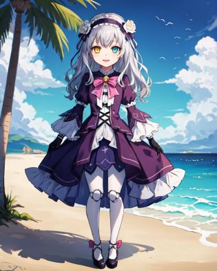 best quality, (masterpiece:1.2), illustration, absurdres,
(1girl), (solo), (beautiful detailed girl),  full body shot,
<lora:Lapis:0.75> Lapis Rosenberg, grey hair, long hair, heterochromia, (yellow and aqua eyes), child, short, young, (doll joints:1.2),
headband, hair ornament, purple dress, gothic dress, frills, ribbons,  (white pantyhose), black gloves,
looking at viewer, happy,
on a tropical island, palm trees, sand, beach,,
