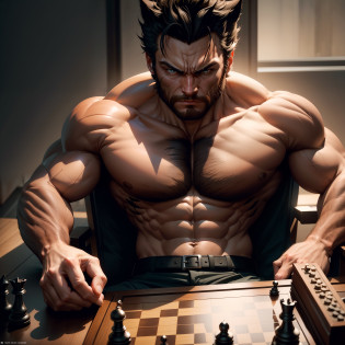 The image depicts Wolverine's iconic character, do universo dos quadrinhos da Marvel, envolvido em uma partida de xadrez. Com suas garras de adamantium prontas para o combate, Wolverine is sitting in a chair, concentrated on the chessboard in front of you. His intense and focused look shows his determination to win the game. His posture is firm and confident, while he carefully analyzes the moving pieces, Planning your next strategic move. The surrounding environment is a sophisticated and elegant environment, with a luxurious wooden chess table and detailed chess pieces. The soft lighting highlights Wolverine's muscles and creates a dramatic atmosphere. 8k