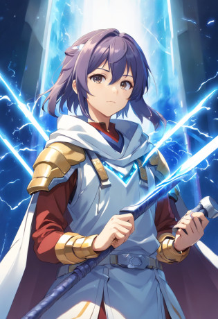 Anime boy mechanical healer, heroine, cleric, acolyte, gear, holy, white costume, weapon magic hammer, ultra high resolution 8k, ultra high definition 8k, stabilizer diffusion, 2.5 D, character design, male, gadget, spear, rod, modern sweater, serious face,