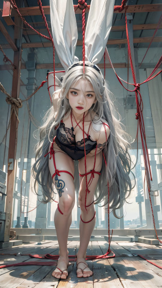 Super beautiful glowing eyes?Girl hanging from the ceiling with her arms tied by a rough rope?perspiring?Ropes tied her body?a wet body?Rough rope that cuts into the crotch?A large amount of fluid flows out of the crotch?Torn bra?Wet white underwear?One leg is suspended above with a rough rope?tied up with ropes?Strongly tied up?Hands tied?legs hanging in shackles
(8K, Raw photography, Top image quality, ?masterpiece: 1.4), The ultra -The high-definition, (realisitic, Photorealsitic: 1.48), Photorealistic, High resolution, 1womanl, Solo, hips up high, look at viewr, (Detailed face), Long hair, Bunny suit, The tattoo, Jewelry