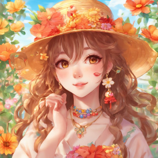 hight resolution, ultra-detailliert, 1girl in, ??, extremely detailed eye, florals, Hats, hair adornments, jewely, a straw fedora hat, looking at the viewers, Lunette de soleil, hat flower,  hair clips, ??, Red flowers, tinted eyewear, Yellow flowers, bangss, orange flower,  the ring, cups, length hair, Orange Eyewear,  brown haired, portraitures,