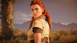 Woman with red hair and a brown vest standing in a field, Aloy, Horizonte: Zero amanhecer, Aloy, Aloy de Horizon Zero Dawn, do horizonte: zero para baixo, Horizon Zero Amanhecer, Horizonte Zero Amanhecer 8K, Est�tica Horizon Zero Dawn, Jogabilidade de Horizon Zero Dawn, personagem feminina, protagonista feminina, ps5 cinematic screen capture