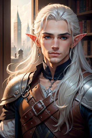 a closeup of a person with long white hair and a bow and arrows A portrait of a male elf, silver-skinned male elf, Rio Male, male fantasy portrait, handsome male elf, Portrait of Drizzt Do'Urden, Portrait of fin wildcloak , a male elf, handsome drow, portrait of an elven warrior, fantasy concept art portrait, sparkling city in the background