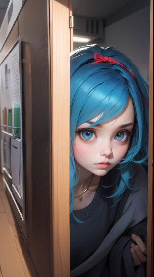 ?RAW photos?best qality?Masterpiece x1.2???lifelike?Photo realistic x1.4???Masterpiece x1.4???Best quality x1.4??1girle?Blue hair?Blue sweatshirt?jeans?Hide behind a cabinet?Stare at the monster?Surrounded by monsters?serious expression??shining skin??realistice