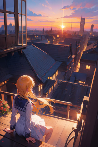 Create an exquisite illustration reminiscent of Makoto Shinkai's style, characterized by its superfine detail and top-tier quality.?Create a captivating illustration that encapsulates the essence of nostalgia and fantasy as a group of students gather on the rooftop of their school, all wearing smiles as they gaze at the mesmerizing sunset. The sun hangs low in the sky, casting a warm, golden glow that bathes the entire scene in a dreamlike atmosphere. The setting sun creates a breathtaking panorama, turning the sky into a canvas of vibrant colors - hues of orange, pink, and purple blending seamlessly. The students, with their faces lit up by the golden light, wear expressions of awe and tranquility as they take in the spectacle before them. Pay meticulous attention to detail, allowing the sunlight to dance on their joyful expressions, and the interplay of light and shadow to emphasize the textures of their surroundings. Your objective is to create an image that not only captures the serenity of the moment but also sparks the imagination, inviting viewers to join these students in their contemplative and magical experience. Through your artistic prowess, transform the rooftop into a stage for nostalgia and wonder, where the shared view of the sunset brings about a sense of camaraderie and a connection to the beauty of the fleeting moment