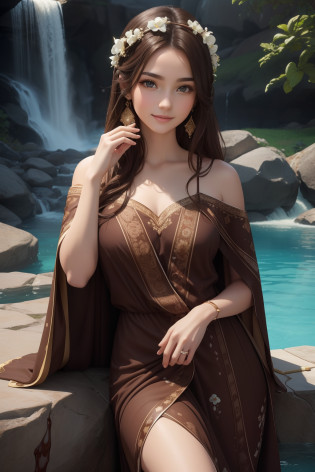 (HD: 1.2), (Best Quality: 1.2), (8K: 1.2), (Underground scattering: 1.1), beautiful face, beautiful eyes, Goddess of Chocolate, Symbol of Sweetness and Temptation, Tempting Smile, Brown Hair, Beautiful Dress with Almond Patterns in Chocolate Hues, Chocolate-shaped Earrings, Cloak with Chocolate Patterns, Elegant Pose, White Chocolate Hairpin, Flowing down from the tall rocky cliff, a chocolate waterfall, water splashes from the waterfall, deep chocolate-colored pool, white chocolate flowers