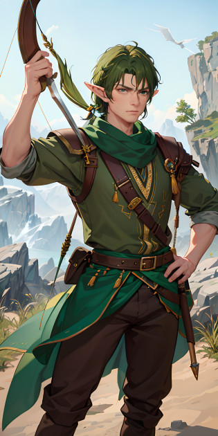 An masterfully crafted and intricate fantasy portrait depicting an rugged and determined middle-aged male elf ranger, clad in earthy tones, sporting vibrant green hair, wielding a bow and arrow with fierce precision, and holding a short sword with a determined gaze fixed upon his target.