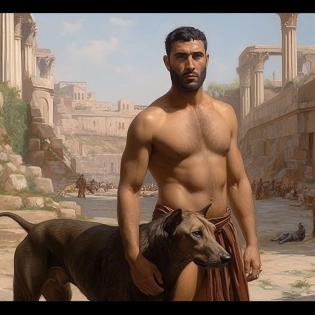 Ultra-Wide Angle - Pull the camera very far back from subject, ANCIENT ROME BACKGROUND, show legs, muscular, handsome man, standing, a dog is by his side, perfect dog, he wears a loin cloth, perfect eyes, perfect face, sharpen, brilliant colors, orientalist intricate by john william waterhouse and edwin longsden long and theodore ralli and nasreddine dinet, cinematic, hyper realism, dramatic lighting, photo-realistic, high detail