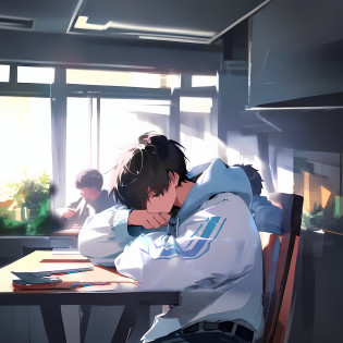 anime boy sitting at a table with his head on his hands, guweiz and makoto shinkai, makoto shinkai art style, ( ( makoto shinkai ) ), makoto shinkai. �h 2160, makoto shinkai!, makoto shinkai style, makoto shinkai!!, makoto shinkai. digital render