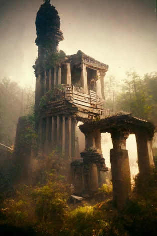temple in ruines, forest, stairs, columns, cinematic, detailed, atmospheric, epic, concept art, Matte painting, background, mist, photo-realistic, concept art, volumetric light, cinematic epic + rule of thirds octane render, 8k, corona render, movie concept art, octane render, cinematic, trending on artstation, movie concept art, cinematic composition , ultra-detailed, realistic , hyper-realistic , volumetric lighting, 8k --ar 2:3 --test --uplight