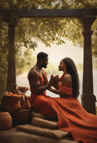 Depict an outdoor environment that encapsulates the beauty of black love. Imagine a serene background, Perhaps a sunlit park or a quiet beach at dusk. Integrate elements like shared blankets, Baskets full of cultural delicacies, or hand-carved memorabilia. Let the natural environment amplify the connection between men and women, When they share moments of laughter, dance, or quiet reflection. Let the scene be a harmonious blend of nature and the enduring spirit of ebony love