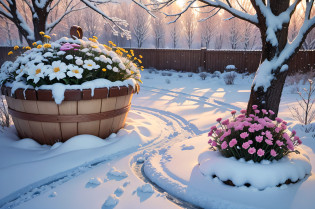 there is a basket with flowers in it on the snow, early spring, spring time, spring early, spring winter nature melted snow, spring early morning, winter setting, still life with snow, spring, springtime morning, seasonal, warm beautiful scene, winter season, spring evening, photo render, warm spring, spring theme, spring flowers, beautiful composition, sunny winter day --auto --s2