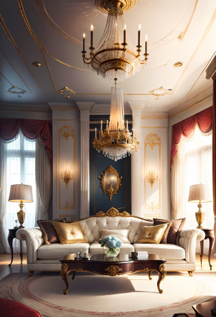 Living room decorated in European style, a luxurious and refined atmosphere. Intricate interior decoration details emphasize the refined style of the room, while a carefully considered decoration design adds an impeccable finishing touch
