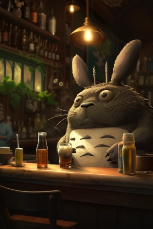 a drunk totoro with a beer at a bar, cinematic lighting, photorealism art by studio ghibli --ar 2:3 --q 2 --v 5