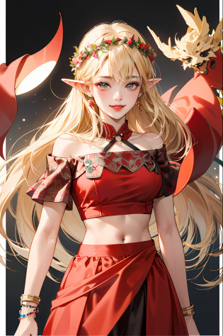 (A masterpice:1.4)?(beste-Quality:1.4)?
1girl in, armlet, bare shoulder, blonde� hair, blushful, A bracelet, ??, circlet, elvish, verd s eyes, Wreath on the head, giant breast, jewlery, a large breast, length hair, looking at the viewers, Belly Navel, O-ring, o-ring top, pointy ear, simple�background, a smile, ??, extra very long hair, ,Realstic,(shinny skin),(A masterpice:1.4),(beste-Quality:1.4),red-lips,milf woman