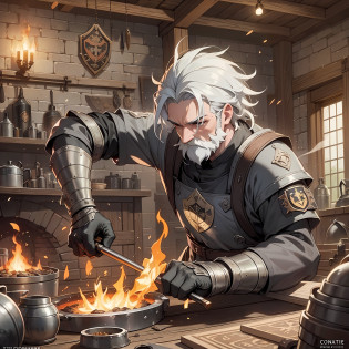 Make this throught the eyes of somone with PROTANOPIA vision.       Blacksmith Family Crest Animation:
Begin with a visual representation of the family crest at the center of the animation.
Introduce a background featuring a medieval-style blacksmith shop.
Animate a blacksmith hammering on an anvil, surrounded by various tools and equipment.
Incorporate elements such as sparks flying, smoke rising from the forge, and glowing hot metal.
Use smooth transitions to highlight different parts of the family crest, such as the shield, motto, or supporters.
You can add subtle movements to the blacksmith figure, emphasizing their work and dedication.
Finish the animation with the family name and any additional text, accompanied by a fade-out effect. --auto --s2