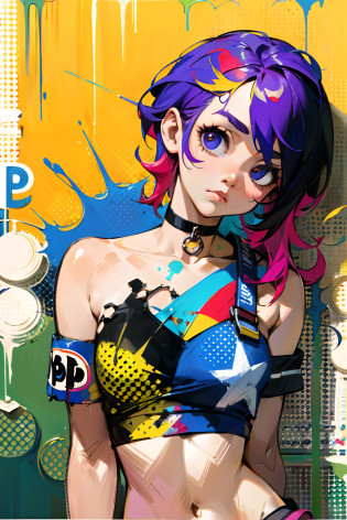 absurdres, best quality,1girl, solo, streaked hair, crop top, denim shorts, choker, (pop art:1.5),  paint splatter, arms behind back, (slouching), leaning back, against wall, (leaning to the side:0.25), looking at viewer, armband, thigh strap, streaked hair, paint on body, upturned eyes, head down, head tilt, (from side:0.75), bored, (expressionless:0.75)