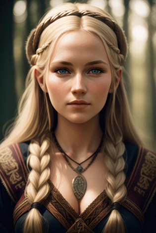Detailed and realistic portrait of beautiful modern female viking| soft natural lighting| portrait photography| 85mm lens| magical photography| dramatic lighting| photo realism| ultra-detailed| intimate portrait composition| Cinestill 800T