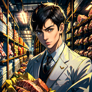 There is a handsome boy with a super detailed face, white suit, short black hair, super detailed characters, in the warehouse, which is piled up with meat, meat, fresh meat, highly real, 4K, chiaroscuro, super high detail