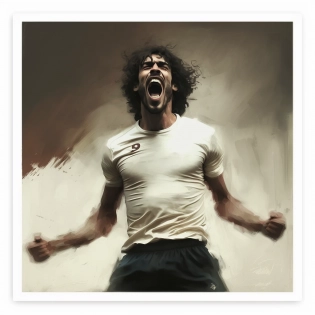 a soccer player celebrating a goal, white jersey, caravaggio style