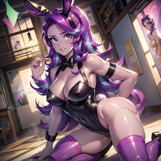 Starlight Glimmer, Starlight Glimmer from My Little Pony, Starlight Glimmer as Girl, Long Hair, Luxurious Hair, Lush Hair, Fighting stance, Full body visible, Big Breasts, Bulky Breasts, Lush Breasts, Playboy bunny, bunny suit, bunny ears, leotard