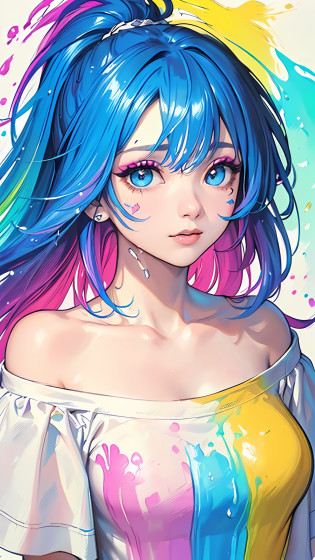 ?Pink Fashion T-shirt?1.9??(Colorful hair: 1.8), (all the colours of the rainbow: 1.8),(((((vertical painting?1.6))), ?painting?1.6??front, comics, illustrations, paintings, large eyes, crystal clear eyes,? rainbow color gradient high ponytail?1.7?, exquisite makeup, closed mouth,(Small Fresh: 1.5),(Wipe Chest: 1.6) ?long eyelashes, white off shoulder T-shirt, White Shoulder Shirt?looking at the audience, large watery eyes, (rainbow colored hair?1.6), color splash, ?solo?1.8?, color splash, color explosion, thick paint style, messy lines, ((shining))?(colorful), (colorful), (colorful), colorful, Thick Paint Style, (Splash) (Color Splash), Vertical Painting, Upper Body, Paint Splash, Acrylic Pigment, Gradient, Paint, Highest Image Quality, Highest Quality, Masterpiece, Solo, Depth of Field, Face Paint, colorful clothes, (Elegant: 1.2), gorgeous,long hair, wind, (Elegant: 1.3), (Petals: 1.4)?(((masterpiece))),(((best quality))),((ultra-detailed)),(illustration),(dynamic angle),((floating)),(paint),((disheveled hair)),(solo),(1girl) , (((detailed anima face))),((beautiful detailed face)),collar,bare shoulders,white hair, ((colorful hair)),((streaked hair)),beautiful detailed eyes,(Gradient color eyes),(((colorful eyes))),(((colorful background))),(((high saturation))),(((surrounded by colorful splashes))),?Pink Fashion T-shirt?1.9??(Colorful hair: 1.8), (all the colours of the rainbow: 1.8),(((((vertical painting?1.6))), ?painting?1.6??front, comics, illustrations, paintings, large eyes, crystal clear eyes,? rainbow color gradient high ponytail?1.7?, exquisite makeup, closed mouth,(Small Fresh: 1.5),(Wipe Chest: 1.6) ?long eyelashes, white off shoulder T-shirt, White Shoulder Shirt?looking at the audience, large watery eyes, (rainbow colored hair?1.6), color splash, ?solo?1.8?, color splash, color explosion, thick paint style, messy lines, ((shining))?(colorful), (colorful), (colorful), colorful, Thick Paint Style, (Splash) (Color Splash), Vertical Painting, Upper Body