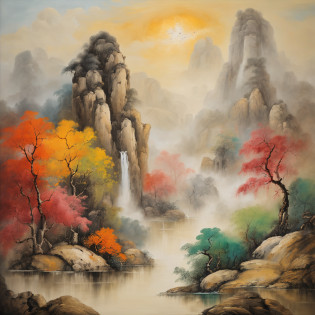 An ancient Chinese painting, ancient Chinese background, mountains, rivers, auspicious clouds, pavilions, sunshine, masterpieces, super detail, epic composition, ultra HD, high quality, extremely detailed, official art, unified 8k wallpaper, Super detail, 32k -- v 6