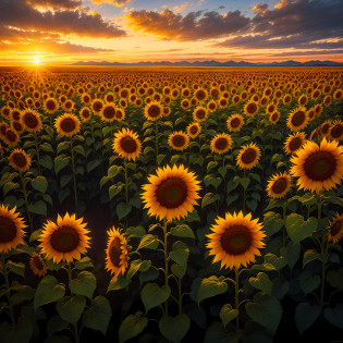 there are many sunflowers in a field with a nightfall in the background, marc adamus, scene: sunflower field, scene : sunflower field, sunflowers, field of sunflowers, sunflower field, colors: yellow sunflowers, colors : yellow sunflowers, golden hour�, fine art print, crystallic sunflowers, national geographic �, by Marshall Arisman, radiating golden light