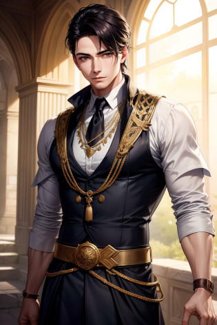Create an illustration of a confident young male with fair, creamy skin, exuding a sense of vitality and strength. His skin tone is reminiscent of pure porcelain, radiating a classic charm. The character's expression should convey his individuality, capturing the essence of his fair complexion and self-assured demeanor.

Complementing his distinctive features, his hair is sleek and black, styled in a classic, sophisticated cut that exemplifies timeless masculinity. The straight hair frames his face with precision and adds to his confident appearance.

Adorned in a medieval-inspired attire, he wears a tunic and trousers made from rich, textured fabrics. The outfit is elegantly adorned with simple yet intricate details that evoke the charm of the past era. A belt cinches the tunic at his waist, adding a touch of rugged refinement to his ensemble.

The artwork should be detailed, capturing the interplay of light and shadow on the skin, hair, and attire to convey depth and personality. This portrayal will amplify the character's striking appearance, emphasizing his confident and timeless presence in a medieval setting