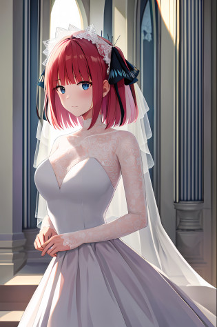 masterpiece, best quality, highres, nn1, 1girl, hair ribbon, short hair, wedding dress, wedding_veil, bouquet,  church, cowboy shot,