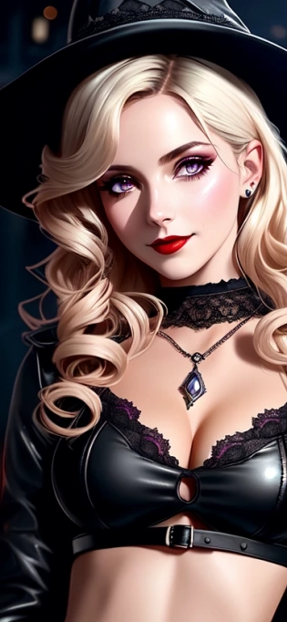 style_empire, (extremely detailed CG unity 8k wallpaper), (extreme close up:1. 4), (medium shot:1. 4), beautiful witch woman walking down street, (walking), (runway walk), ((tanned skin:1. 3)), ((e-girl blush)) short hair, ((blonde hair)), (black hair roots), ((ringlet hair:1. 3)), ((purple eyes:1. 2)), ((detailed symmetrical face)), (pretty face), Mascara, reflective eyes, makeup, ((smokey eyeshadow)), (red lipstick), (white sclera), fog, cute nose, (smile), (black witch hat), rim lighting, dramatic lighting, chiaroscuro, ((black witch skirt)), (intricate lace crop top), (long sleeves), (midriff), (belts), detailed ribs, navel, (stomach muscles), fitness girl, (fishnet dress), (black choker), (high heel ankle boots:1. 2), ((thighs)), legs, ((gothic industrial city)), (purple sky), dark clouds, black stone walls, Lanterns, (professional majestic impressionism oil painting by Waterhouse), John Constable, Ed Blinkey, Atey Ghailan, Studio Ghibli, by Jeremy Mann, Greg Manchess, Antonio Moro, trending on ArtStation, trending on CGSociety, Intricate, High Detail, dramatic, makoto shinkai kyoto, trending on artstation, trending on CGsociety