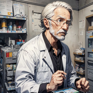 A scientist dressed as an elderly man with a shocked and surprised expression (1.2) and a phone call (1.2) in the background is a large combat command