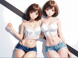 one-girl?White transparent top?Beautiful face?Glossy glossy skin?Brunette masterpiece?Brightens skin?Short hair that exposes the skin?Mini shorts?Exposing the abdomen?realisticlying?Delicate eyes?pupil realistic?(smallunderboob:1.0)?(Thigh thick:1.0)