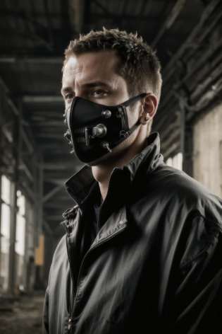 portrait photograph, industrial horror background, horror psycho mask, jumpsuit, trending on deviantart, dark atmosphere, taken with Fujifilm XT3, 55mm lens, cinematic lighting, volumetric lighting, spikes, needles, distorted faces,