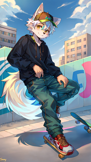 White wolf?Green patterned ears and arms?Handsome model????solo person?Beige short-sleeved sweatshirt?denim pant?High-tops?Wearing a baseball cap?Step on the skateboard?Grabbed by the hair?outside?Sunnyday?There are colorful graffiti on the skateboard