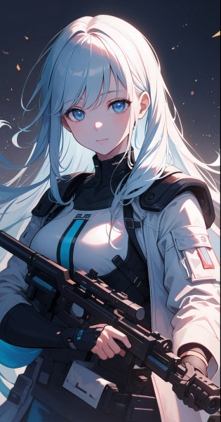 (the Extremely Detailed CG Unity 8K Wallpapers??masterpiece?top-quality?ultra-detailliert?Best Shadows)?(????)?(beautifull detailed face?beatiful detailed eyes)?highly contrast?(The best lighting?extremely�delicate and beautiful)?(Wide View)?Photorealista: 1.4?a perfect illustration of artifical intelliengence(AI) After 5143?Special Forces Agent Girl?Extremely detailed?flawless?hyperdetailed face?Silky hair?Very light blue gradient hair?Bitgirl?A device with an optical rifle in both hands?Background of the near future?During night combat?Rifle shooting scene?Smile?Dress Type?Wear a white troop jacket