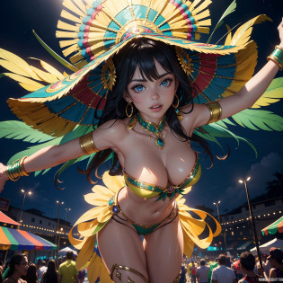 Hyper realistic super detailed sexy woman, Une fille confiante, NSFW, Very detailed, expressions faciales sexy, seductive facial expressions, [:(Face detail: 1.4): 0.4], 16K resolution, 4k resolution, dinamic lighting, High definition resolution, (sexy pose, Position attrayante), (hyper realistic: 1.4), (back light: 1.2), (Nuit: 1), (pleine hauteur: 1.8),(contrasting background: 1.5), (Anatomy of the hyperrealistic arm), (Hyperrealistic anatomy of the legs), (peau propre), (lighting cinematic: 1.7), (intime), (Technologie NVIDIA RTX Ray Tracing), (Anatomy of the hyperrealistic arm: 2), (Ventre plat parfait), (image couleur),Create a masterpiece in 4K resolution, ultra-realistic, and extremely detailed, featuring a vibrant Brazilian reveler at the Rio Carnival. The Brazilian is the central character in the artwork, radiating the energy, color, and excitement of this world-renowned celebration.

The Brazilian is adorned in an elaborate and colorful carnival costume, reflecting the rich traditions of Brazilian culture. Feathers, sequins, and intricate designs make up the outfit, and it should capture the spirit of the carnival. The costume may be inspired by samba, folklore, or other Brazilian themes.

The setting is the lively streets of Rio de Janeiro during Carnival, with crowds of revelers, floats, and samba dancers in the background. The lighting is dynamic, with the brilliant colors of the costume standing out against the festive atmosphere.

The Brazilian's expression is one of joy and enthusiasm, capturing the essence of the Rio Carnival. They may be dancing to samba music, waving a colorful flag, or engaging in the energetic spirit of the celebration.