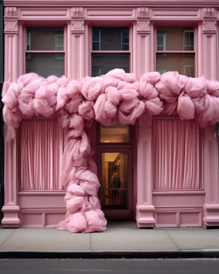 New York, city street, the facade of one boutique is completely covered with a pink silk fabric very puffy Hypersize disproportionate in size, the smallest details, photo, insanely detailed, high quality. --ar 4:5 --q 2