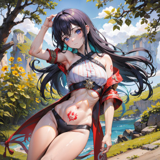 (obra maestra) (La mejor calidad) Un legendario y hermoso guerrero vikingo lleva un hacha impresionante y un gran escudo redondo. She is in an open-air temple in a clearing..............., Windy day. Ella es muy hermosa, algo musculoso, wearing runic tattoos all over his body. (((only one Women))) ((pechos grandes))