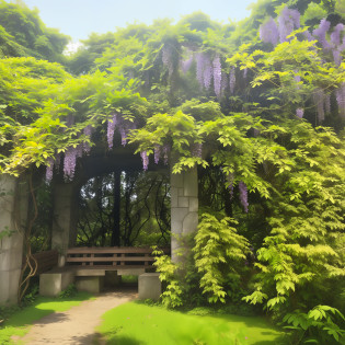 there is a bench under a tree covered with purple flowers, archways made of lush greenery, rich vines and verdant flowers, lush trees and flowers, amidst of nature fully covered, overgrown with lush vines, connected to nature via vines, nature growing around the city, vine covered, vine and plants and flowers, overgrown with orchids, covered with vegetation