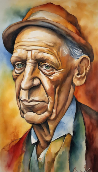 character design, Pablo Picasso, Hi-Def, sentado al lado de sus pinturas, Picasso pintado, pintor, hombre, Artist, Rostro real de Picasso, hacerlo bien detallado, muy parecido a Pablo Picasso, high-definition picture, agregar todos los rasgos de pablo Picasso, rostro realista, 8k, obra maestra.