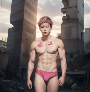 Um garoto asiatico, coreano, de cueca, 17 anos, usando cueca transparente, corpo suculento, love expression, ao fundo predios destruido, Post-apocalyptic scene background, cueca com volume, cueca suculento, virilha detalhada, , cueca transparente, virilha saborosa, expression of love, 17 anos, cabelo rosa, cabelo rosa natural, pintado o cabelo de rosa, com uma cueca TRANSPARENTE, wearing loops by the tied vorpo, e com uma tiara de princesa no cabelo rosa, calcinha,
