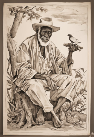 SeaArt Positive Prompt:

Embark on a journey of emotions: Create a monochromatic masterpiece portraying an elderly black man seated on a wooden crate. Amidst a sea of solitude, he emanates a dignified presence. Native Brazilian birds, including swallows, parrots, and other species, form an intricate dance in the sky around him. One compassionate bird tenderly shields his face, bestowing a sense of solace. The man's attire, humble yet dignified, resonates with the essence of his character. With arms resting gently, he gazes ahead, capturing a moment of quiet strength and contemplation amidst nature's symphony.

SeaArt Negative Prompt:

Capture the essence of solitude: Illustrate a grayscale tableau, featuring an elderly black man seated on a wooden crate. Immersed in isolation, his figure embodies a poignant solitude. Native Brazilian birds, among them swallows, parrots, and avian natives, encircle him, forming a stark contrast against the backdrop. One bird, with an air of melancholy, shrouds his face, creating an aura of vulnerability. Clad in modest attire, he sits with a posture weighed by life's burdens. His expression, hidden from view, contributes to the image's sense of isolation and quiet sorrow.